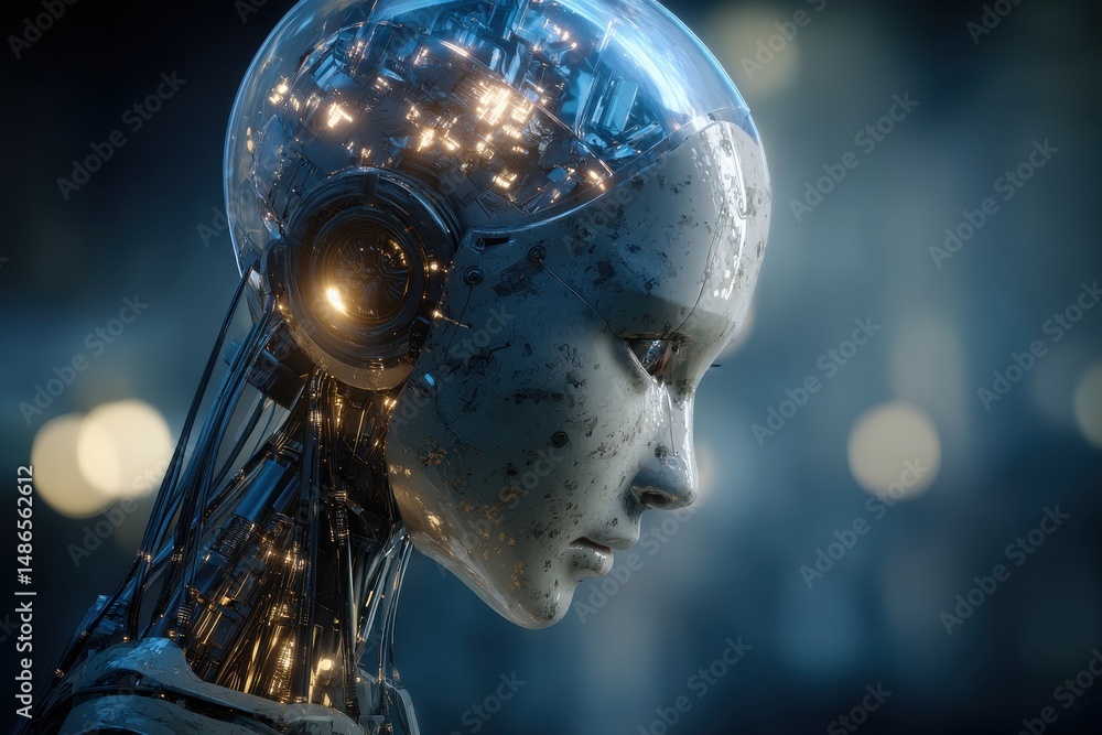 Poster close up of a futuristic female robot with a transparent head showing inner mechanics, gazing into t