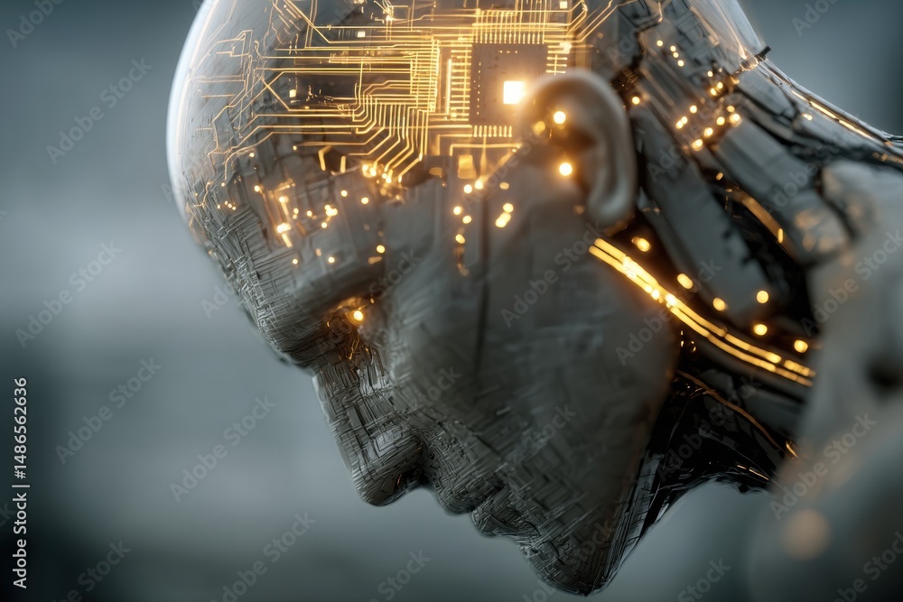 Poster close up of a humanoid ai head showcasing advanced circuit patterns and internal processing, symboli