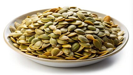 Close up of a bowl filled with fresh green pumpkin seeds