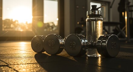 Close-up of chrome dumbbells and water bottle on a gym floor