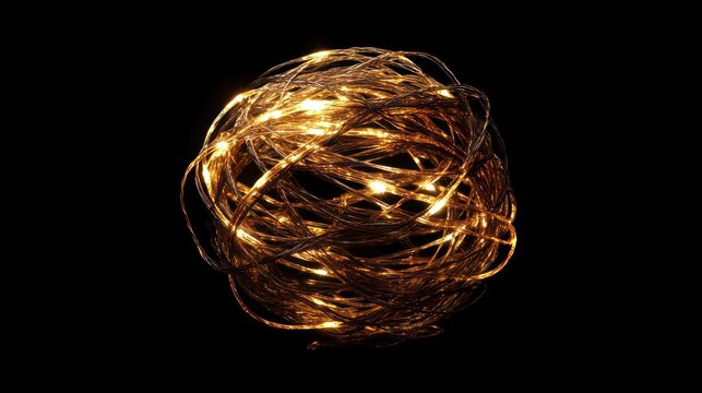 Golden led string lights tangled ball warm yellow glowing illumination dark background
