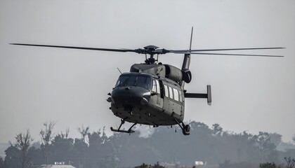 Military Helicopter Airborne Against Hazy Sky with Distant Trees During Daylight