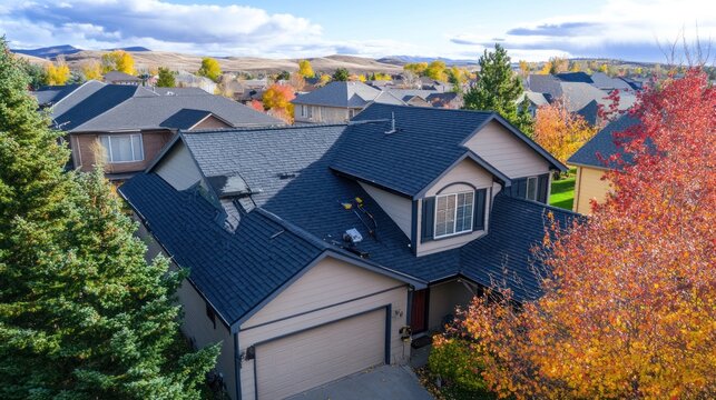 House with dark gray asphalt shingle roof in autumn setting