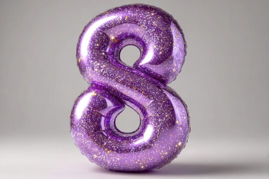A shimmering number eight balloon in vibrant purple and gold, perfect for celebrations, birthdays, and special events, against a soft, neutral background.