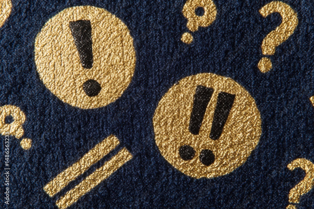 Poster close-up of a dark blue fabric surface with repeating golden patterns of exclamation and question ma