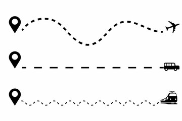 Icons of location pointer, route location icons, one point to other point with dotted line location pointer or path with dothed line, Symbol of location pointer from start point and end point symbol 
