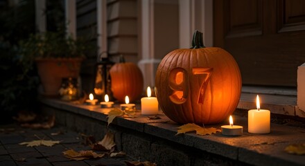 Obraz premium Carved pumpkin on a doorstep with candles