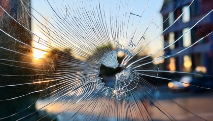 broken glass window with radial cracks on city street