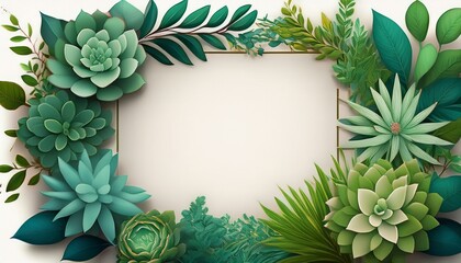 a frame of various green leaves and succulent plants surrounding a blank central space concept botanical frame green leaves succulent plants nature inspired design blank canvas
