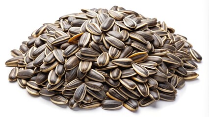 A close up shot of a pile of edible sunflower seeds on white