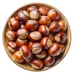 Wooden bowl full of brown chestnuts ready to be roasted in winter