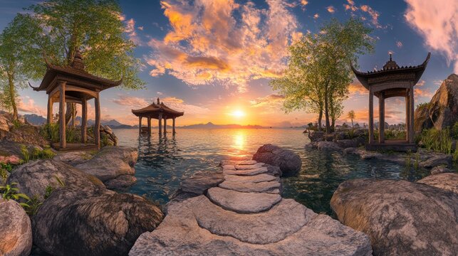 Sunset serenity pavilions on calm water stone pathway peaceful landscape