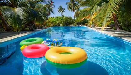 Obraz premium colorful inflatable inner tubes floating in a bright blue pool surrounded by lush green palm trees concept colorful inflatable tubes bright blue pool lush green palm trees summer vibes