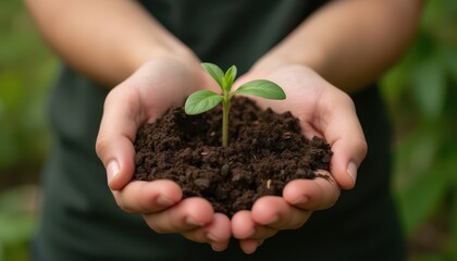 hands holding soil with a small plant sprouting in center, ideal for green content.