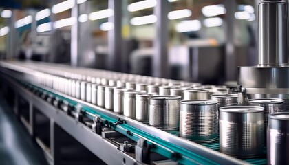 aluminum food cans being processed on a factory conveyor line with a selective focus on the production process