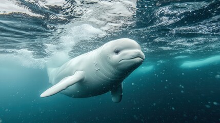 Fototapeta premium Submerged white whale gracefully swimming underwater.