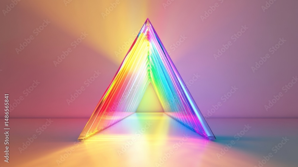Poster a vibrant, illuminated triangular structure filled with rainbow light.