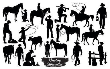 Collection of cowboy and western silhouettes including horse rider cattle and various poses isolated on a white background