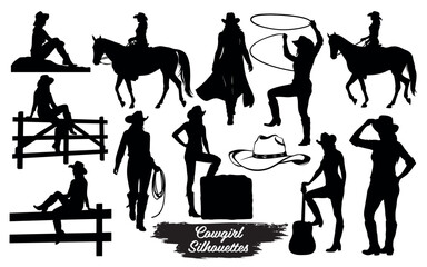 Collection of cowgirl silhouettes in various poses isolated on a white background