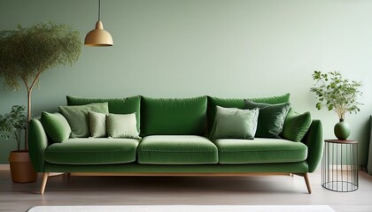 green fabric sofa with cushions in a minimalistic home interior