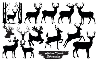 Collection of deer silhouettes in various poses isolated on a white background