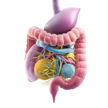 Detailed 3D Medical Illustration of Human Digestive System Anatomy including Stomach Pancreas Gallbladder Intestines