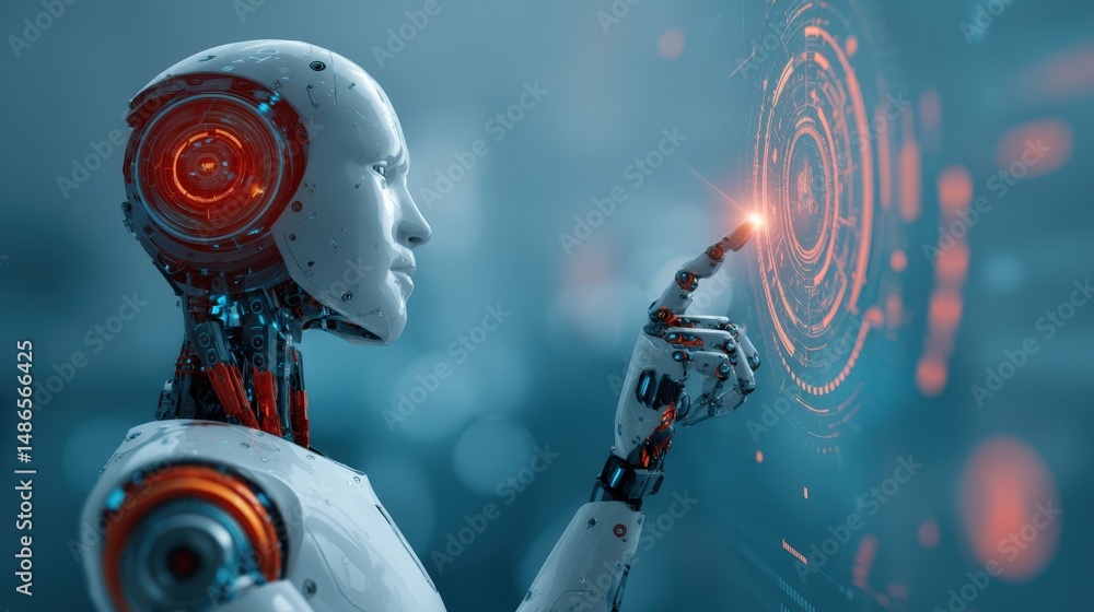 Poster advanced robotic technology futuristic ai humanoid interacting with holographic interface