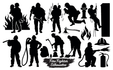 Silhouettes of firefighters in various rescue and firefighting actions isolated on a white background