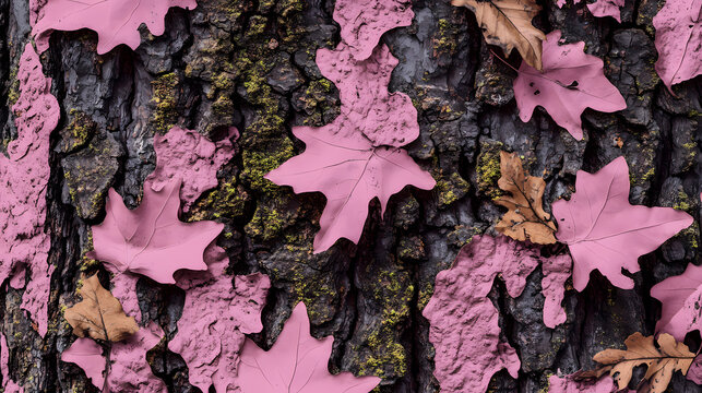 Pink oak tree bark, mossy oak tree with oak leaves foliage camo seamless pattern texture. [Urban Beasts] | Crosswalk Predator | patterned hunter. Illustration