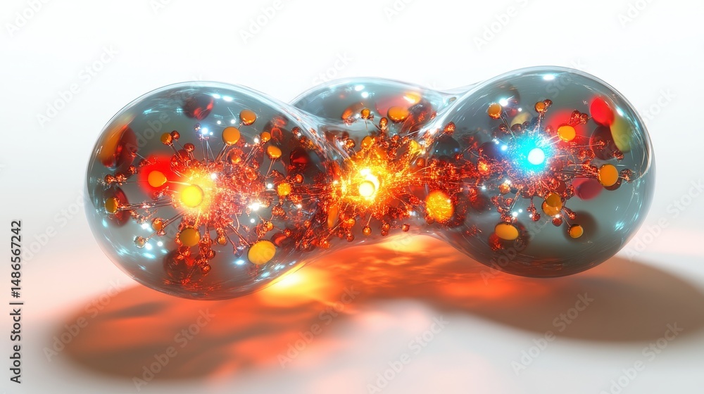 Poster abstract representation of two interconnected spheres with luminous energy.