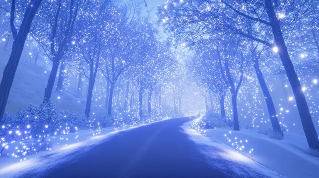 Magical winter road snow covered forest path with blue lights at night