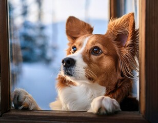 a sweet dog s gaze through a window a charming pet portrait