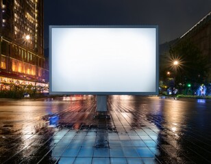 illuminated blank billboard on a wet urban street at night ready for advertising messages