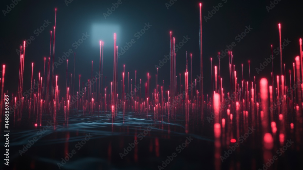 Poster abstract glowing red lines rising from dark surface, futuristic digital landscape.
