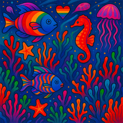 Obraz premium Colorful Pride Month celebration illustration of a loving couple with rainbow hearts, flowers, and peace signs in a maximalist retro style.