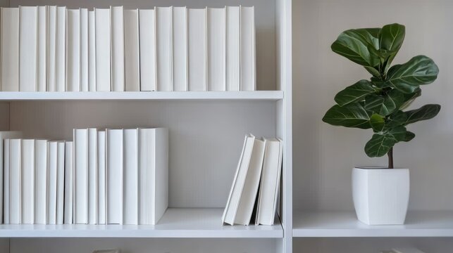 Neatly arranged white books and fiddle leaf fig plant on white shelf