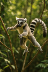 Obraz premium Ring-tailed lemur mid-jump in lush green forest, showcasing wildlife agility and Madagascar jungle habitat