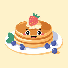 Smiling Pancake Stack with Strawberry Cream and Blueberries Illustration