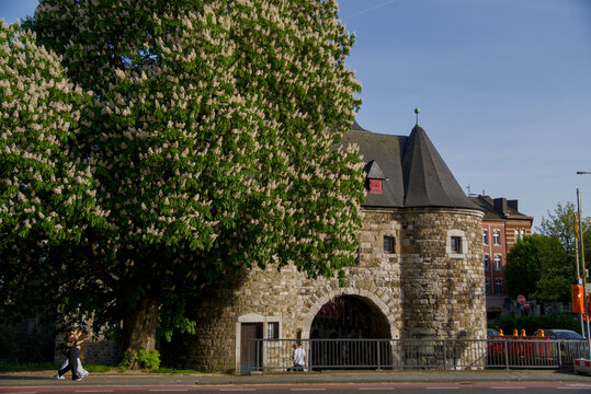 View of Ponttor, medieval gate to Aachen, Germany, from the outside of the Old City (Altstadt) in the daytime in spring