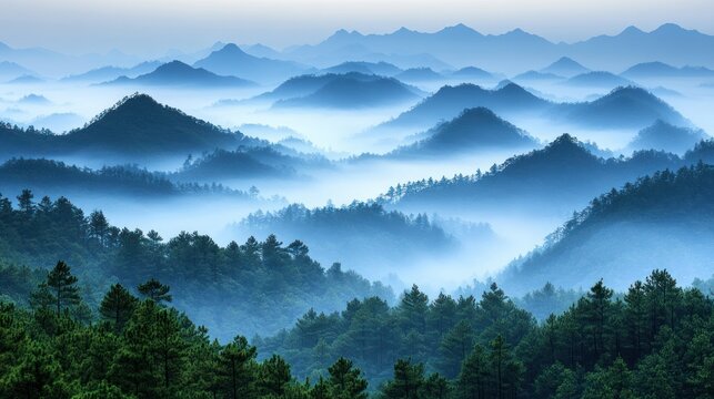 Misty mountain range with forests. Lush green forest at base, misty blue mountains in the distance - Powered by Adobe