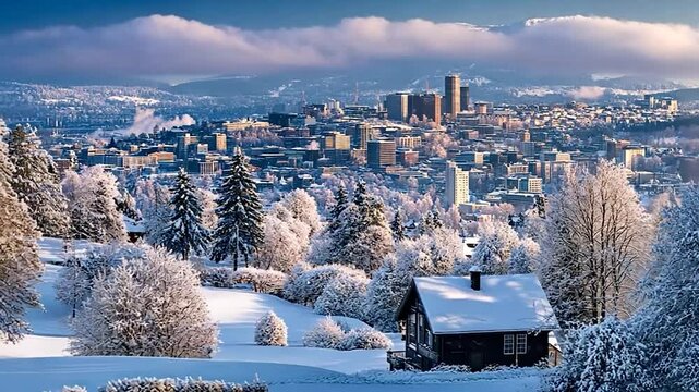 Winter Cityscape Panorama: Snow-Covered Trees and Distant Buildings under Cloudy Skies