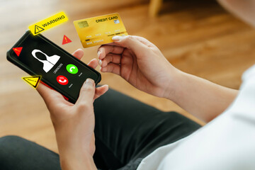 customer hand payment with credit and mobile phone with warning messages icon alert, virus...