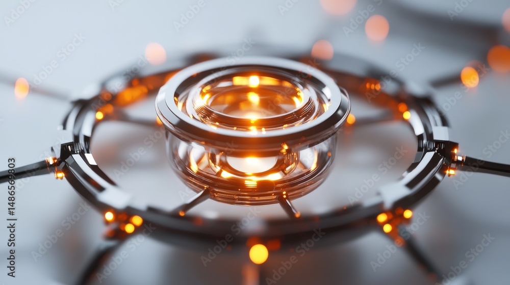 Poster intricate, glowing orb centered within a metallic structure.