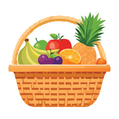 Wicker Basket with Mixed Fresh Fruit - Vector Illustration