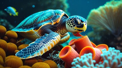 Fototapeta premium Hawksbill Sea Turtle (Eretmochelys imbricata) Among Sponges