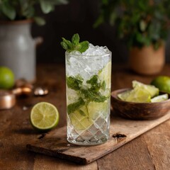 Fototapeta premium A refreshing mojito in a tall elegant glass. Ice mint lime and rum in harmony. Pure visual and gustatory delight.