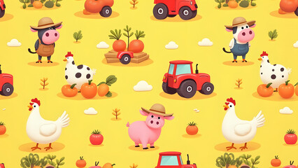 Happy farm animals pattern with crops and tractors in cheerful countryside colors for kids.