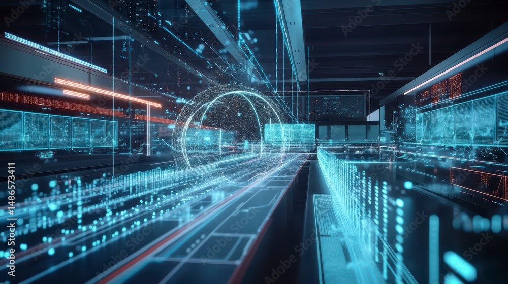 Poster futuristic digital data center interior with glowing holographic displays and network connections.