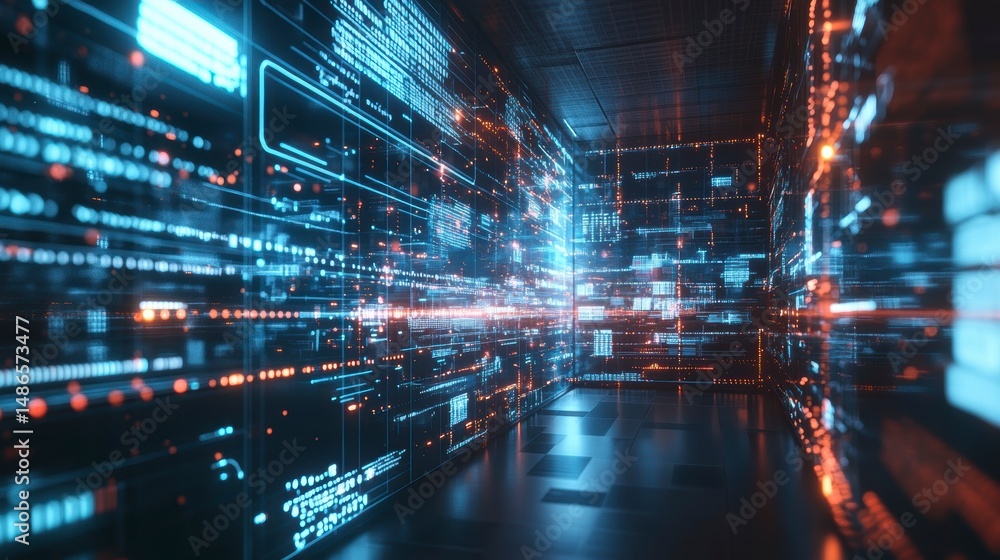 Poster abstract digital data stream flowing in a dark room, glowing blue and orange.