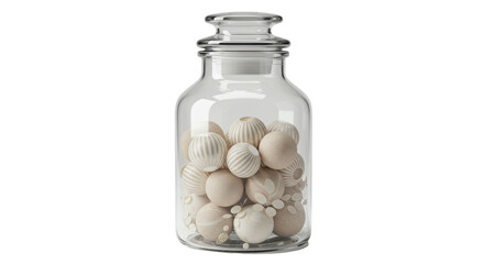 Isolated Decorative Glass Jar Filled with Creamy Ornate Spheres